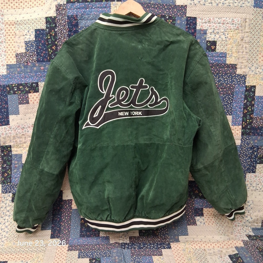 Vintage New York Jets Green Suede Leather Jacket Size XL Spotlight Snap Varsity